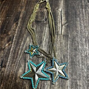 TOVA Stat Pendant Necklace with Turquoise and blue crystal edged stars.